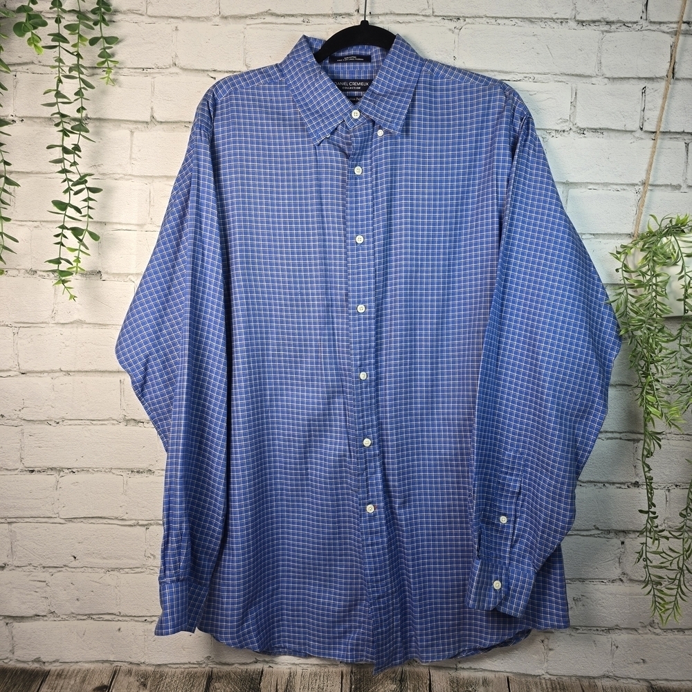 DANIEL CREMIEUX LONG SLEEVE BUTTON DOWN BLUE PLAID FINE ITALIAN FABRIC MENS LG
